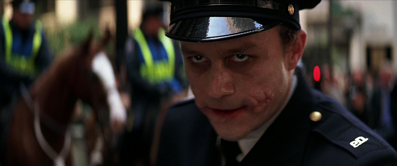 The Dark Knight (2008). Cinematography by Wally Pfister.Starring Heath Ledger as the Joker. Heath Ledger in The Dark Knight