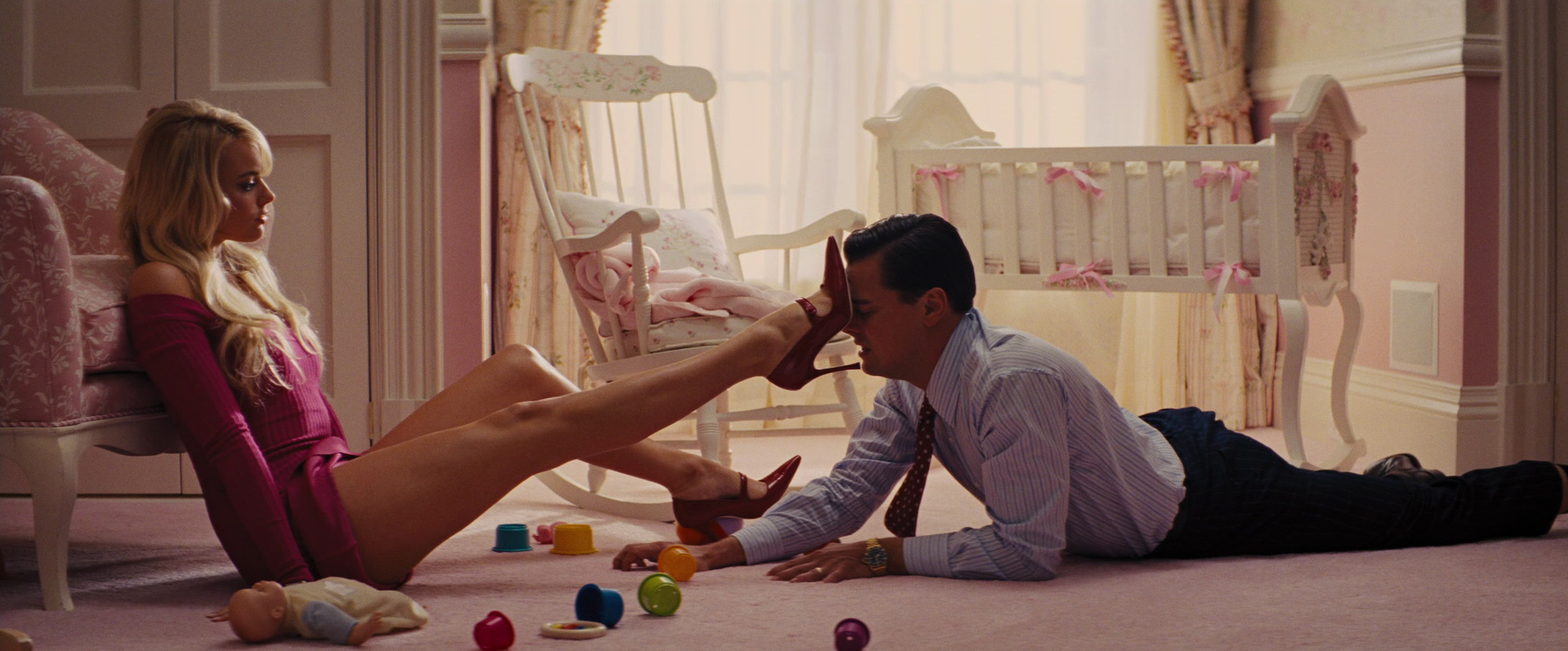 Margot Robbie, Naomi, pink dress in The Wolf of Wall Street