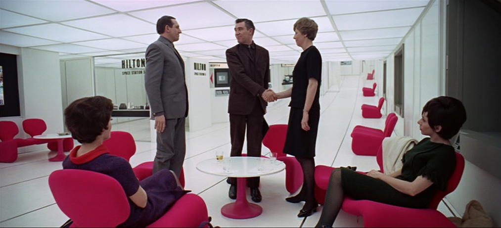 Leonard Rossiter, space station interior in 2001: A Space Odyssey